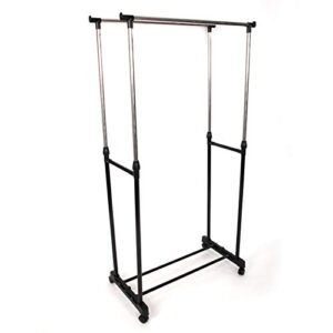 QXDRAGON Height Adjustable Clothes Rack for Hanging Clothes, Shoes, Portable Clothing Rack, Rolling Garment Rack, Hanging Rack for Clothes, Double Rod Wardrobe Rack