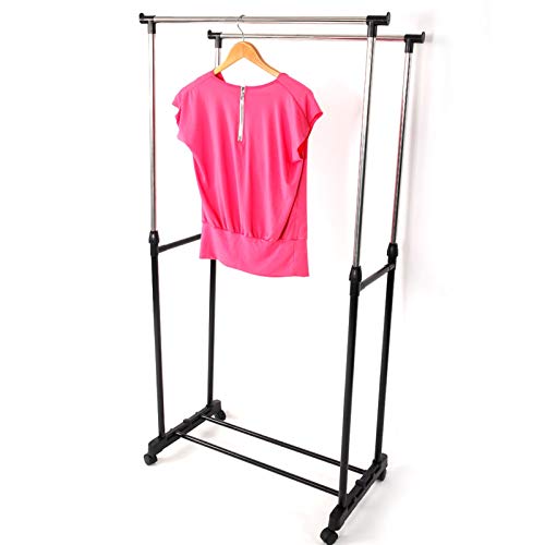 QXDRAGON Height Adjustable Clothes Rack for Hanging Clothes, Shoes, Portable Clothing Rack, Rolling Garment Rack, Hanging Rack for Clothes, Double Rod Wardrobe Rack