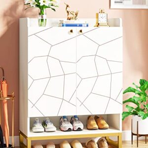 Tribesigns Shoe Cabinet, 6-Tiers Shoe Storage Cabinet with Doors for Entryway, White Gold Free Standing Shoe Cabinet Storage Organizer with Open Shelf for Living Room, Bedroom,Closet