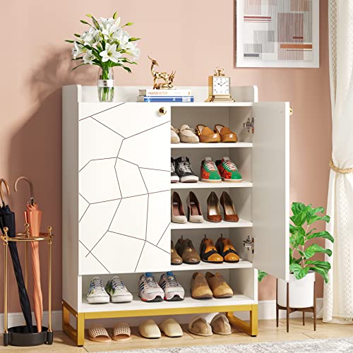 Tribesigns Shoe Cabinet, 6-Tiers Shoe Storage Cabinet with Doors for Entryway, White Gold Free Standing Shoe Cabinet Storage Organizer with Open Shelf for Living Room, Bedroom,Closet