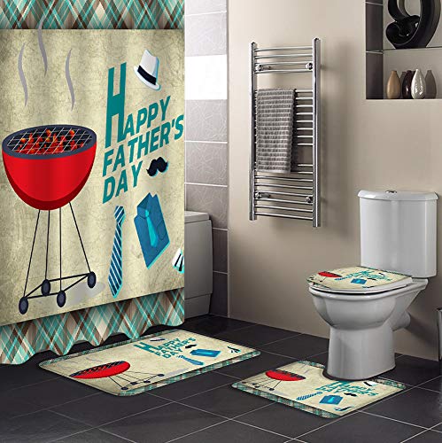 4 Pcs Bathroom Shower Curtains Sets With Rugs, Happy Father's Day, Luxury Toilet Lid Cover, Bath Mat，Waterproof Fabric Shower Curtain with 12 Hooks For Hotel/Bathroom BBQ Plaid Check Green