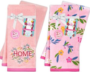 voova & movas pink hand towels - 4 pack, 100% soft cotton, (16x25 inches) decorative kitchen towel with gift packed, ideal for home decor, bathroom | kitchen use, floral pink