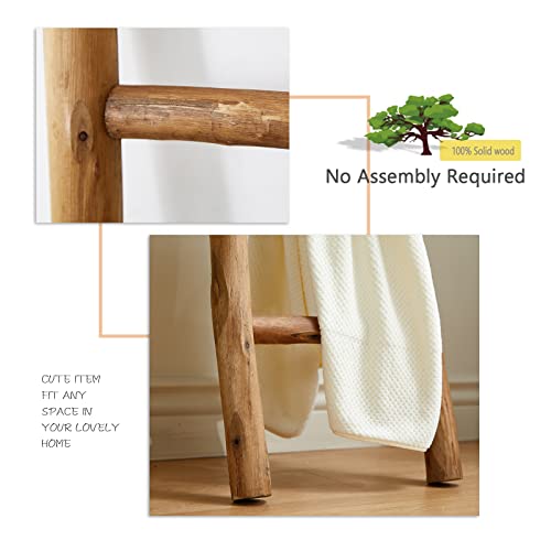 FUIN Fully Assembled 5 Ft Wood Decorative Wall Leaning Blanket Ladders Bathroom Storage Quilt Towel Display Rack Shelf Holder Rustic Farmhouse, Brown