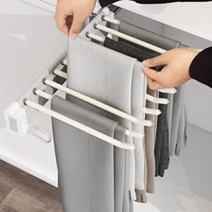 Pull Out Pants Rack 22 Arms Trousers Hangers Steel Sliding Rail Clothes Organizers Towel Scarf Trousers Tie Storage for a DIY Closet (Color : White+Beige Flocking)