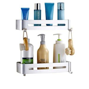 shower caddy basket shelf with hooks, 2 packs caddy organizer wall mounted rustproof basket with adhesive, no drilling, thickened aluminum, storage rack for bathroom shower kitchen (sliver)