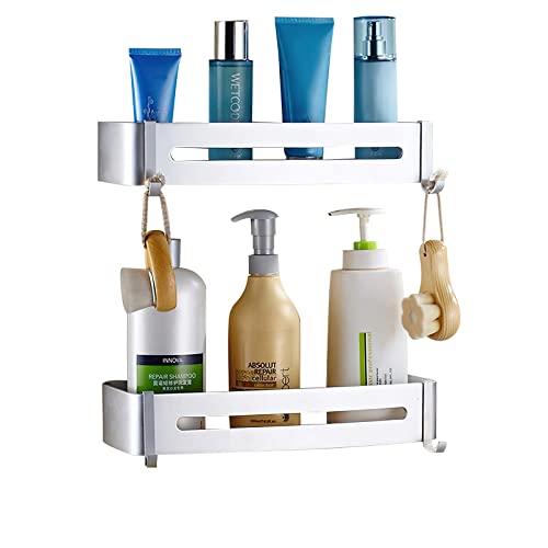 Shower Caddy Basket Shelf with Hooks, 2 Packs Caddy Organizer Wall Mounted Rustproof Basket with Adhesive, No Drilling, Thickened Aluminum, Storage Rack for Bathroom Shower Kitchen (Sliver)