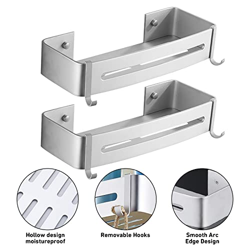 Shower Caddy Basket Shelf with Hooks, 2 Packs Caddy Organizer Wall Mounted Rustproof Basket with Adhesive, No Drilling, Thickened Aluminum, Storage Rack for Bathroom Shower Kitchen (Sliver)