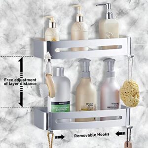 Shower Caddy Basket Shelf with Hooks, 2 Packs Caddy Organizer Wall Mounted Rustproof Basket with Adhesive, No Drilling, Thickened Aluminum, Storage Rack for Bathroom Shower Kitchen (Sliver)