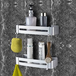Shower Caddy Basket Shelf with Hooks, 2 Packs Caddy Organizer Wall Mounted Rustproof Basket with Adhesive, No Drilling, Thickened Aluminum, Storage Rack for Bathroom Shower Kitchen (Sliver)