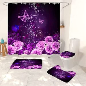 4pcs flower bathroom shower curtain sets, stylish flower bathroom sets with shower curtain and rugs, toilet lid cover and bath mat, artistic shower curtains with hooks