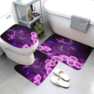 4PCS Flower Bathroom Shower Curtain Sets, Stylish Flower Bathroom Sets with Shower Curtain and Rugs, Toilet Lid Cover and Bath Mat, Artistic Shower Curtains with Hooks