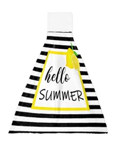 ldtrchee hello summer lemon yellow lace hand towel with hanging loop, black white stripes fruit hanging tie towels set 1 pcs, kitchen absorbent towel for bathroom tea bar laundry