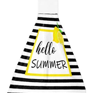 Ldtrchee Hello Summer Lemon Yellow Lace Hand Towel with Hanging Loop, Black White Stripes Fruit Hanging Tie Towels Set 1 Pcs, Kitchen Absorbent Towel for Bathroom Tea Bar Laundry