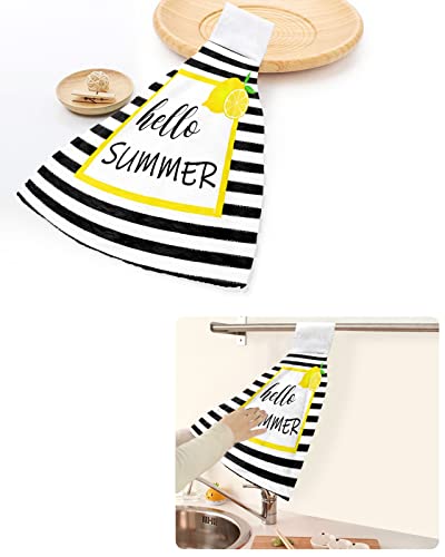 Ldtrchee Hello Summer Lemon Yellow Lace Hand Towel with Hanging Loop, Black White Stripes Fruit Hanging Tie Towels Set 1 Pcs, Kitchen Absorbent Towel for Bathroom Tea Bar Laundry