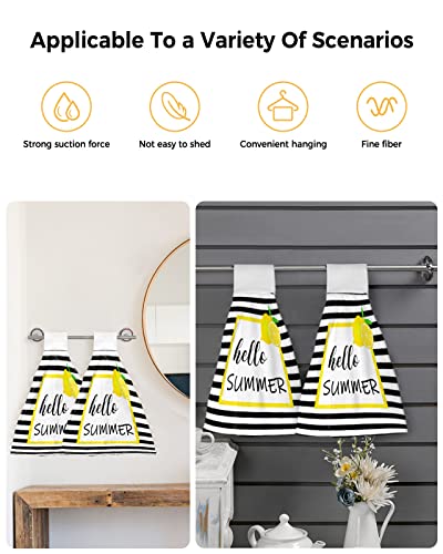 Ldtrchee Hello Summer Lemon Yellow Lace Hand Towel with Hanging Loop, Black White Stripes Fruit Hanging Tie Towels Set 1 Pcs, Kitchen Absorbent Towel for Bathroom Tea Bar Laundry