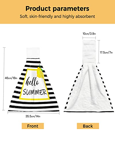 Ldtrchee Hello Summer Lemon Yellow Lace Hand Towel with Hanging Loop, Black White Stripes Fruit Hanging Tie Towels Set 1 Pcs, Kitchen Absorbent Towel for Bathroom Tea Bar Laundry