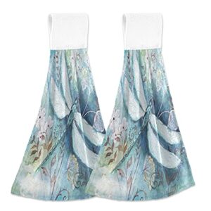 blue dragonfly hand towel 2 pack watercolor flower hanging tie towels soft absorbent tea bar towels for kitchen gym hotel