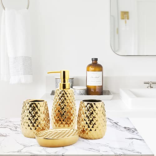 Ceramic Bathroom Accessories Set 4 Piece Contain Toothbrush Holder, Tumbler, Soap Dispenser, Soap Dish, Accessories para baño for Restroom Apartment Bathroom Decor Stuff and Gift Set （Gold）