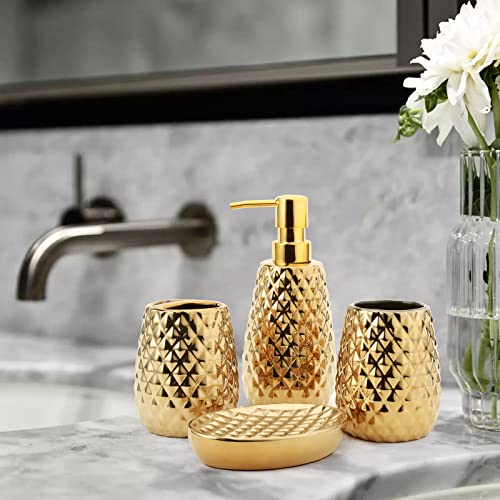 Ceramic Bathroom Accessories Set 4 Piece Contain Toothbrush Holder, Tumbler, Soap Dispenser, Soap Dish, Accessories para baño for Restroom Apartment Bathroom Decor Stuff and Gift Set （Gold）