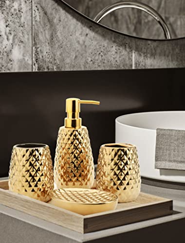 Ceramic Bathroom Accessories Set 4 Piece Contain Toothbrush Holder, Tumbler, Soap Dispenser, Soap Dish, Accessories para baño for Restroom Apartment Bathroom Decor Stuff and Gift Set （Gold）