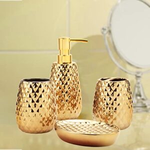 Ceramic Bathroom Accessories Set 4 Piece Contain Toothbrush Holder, Tumbler, Soap Dispenser, Soap Dish, Accessories para baño for Restroom Apartment Bathroom Decor Stuff and Gift Set （Gold）