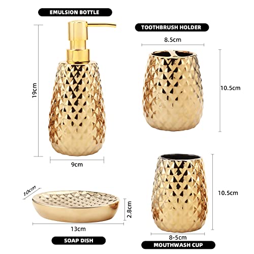 Ceramic Bathroom Accessories Set 4 Piece Contain Toothbrush Holder, Tumbler, Soap Dispenser, Soap Dish, Accessories para baño for Restroom Apartment Bathroom Decor Stuff and Gift Set （Gold）