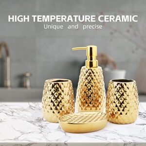 Ceramic Bathroom Accessories Set 4 Piece Contain Toothbrush Holder, Tumbler, Soap Dispenser, Soap Dish, Accessories para baño for Restroom Apartment Bathroom Decor Stuff and Gift Set （Gold）