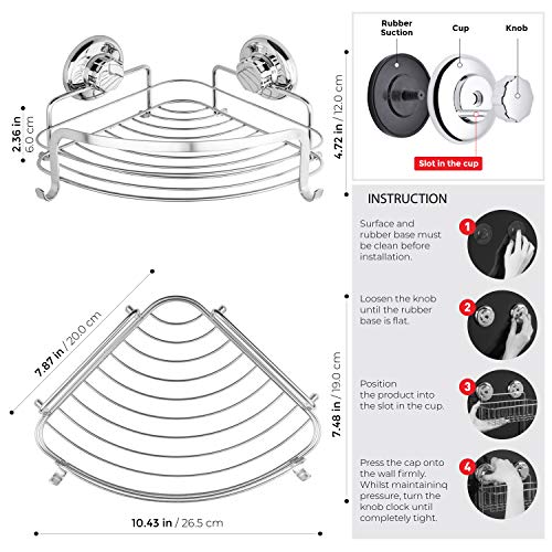 HASKO accessories Corner Shower Caddy with Suction Cup, Shower Shelf with Hooks, Wall Mounted Shower Basket for Bathroom, Adhesive 3M Stick Discs Included (Polished Stainless Steel SS304)