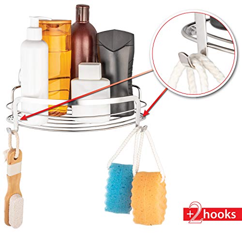 HASKO accessories Corner Shower Caddy with Suction Cup, Shower Shelf with Hooks, Wall Mounted Shower Basket for Bathroom, Adhesive 3M Stick Discs Included (Polished Stainless Steel SS304)