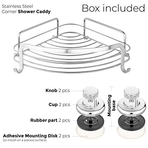 HASKO accessories Corner Shower Caddy with Suction Cup, Shower Shelf with Hooks, Wall Mounted Shower Basket for Bathroom, Adhesive 3M Stick Discs Included (Polished Stainless Steel SS304)