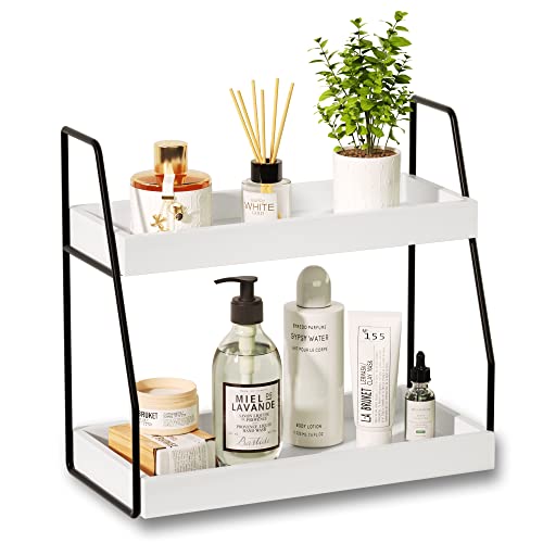 ZGO 2-Tier Bathroom Counter Organizer, Wood Bathroom Organizer Countertop Vanity Organizer Bathroom Tray, Kitchen Spice Rack Counter Shelf Organizers and Storage, White