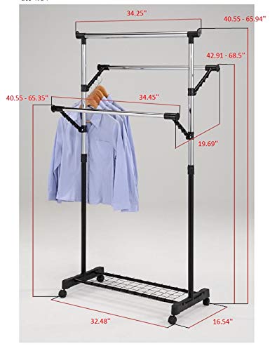 KB Designs - 3-Rod Adjustable Garment Rack Clothes Organizer, Black/Chrome