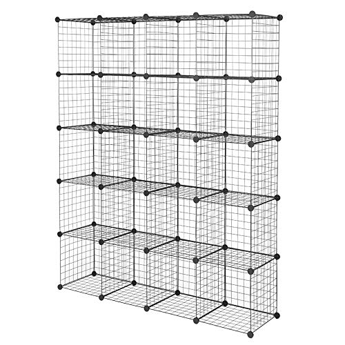 20pcs Cube Storage Organizer, DIY Cube Closet Wardrobe Shelving,Wire Cube Grid Bookshelf, Modular Metal Show Case Rack, Black