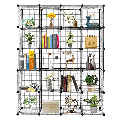 20pcs Cube Storage Organizer, DIY Cube Closet Wardrobe Shelving,Wire Cube Grid Bookshelf, Modular Metal Show Case Rack, Black