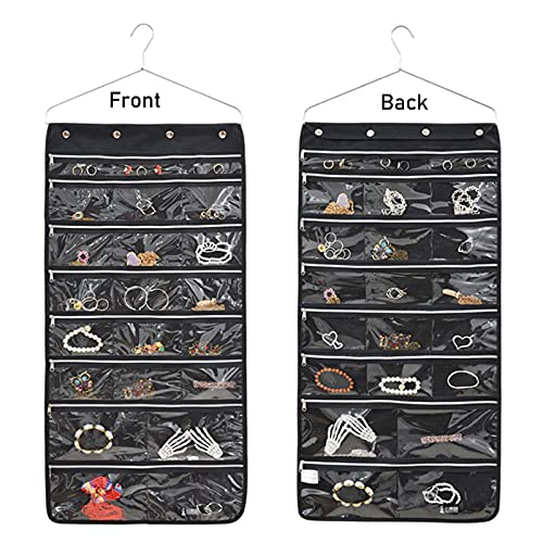 Dual-Sided Hanging Jewelry Organizer with 44 Zippered Pockets and Hanger Oxford Cloth Necklace Storage Bag Large Capacity Wall Mount Bracelet Earring Ring Holder for Closet Storage (Color : Black)