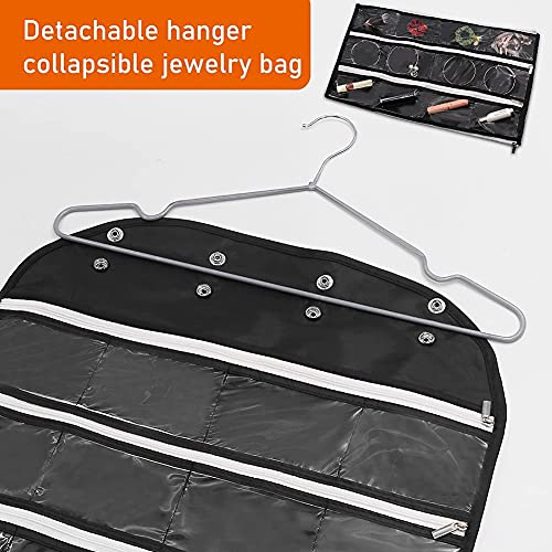 Dual-Sided Hanging Jewelry Organizer with 44 Zippered Pockets and Hanger Oxford Cloth Necklace Storage Bag Large Capacity Wall Mount Bracelet Earring Ring Holder for Closet Storage (Color : Black)