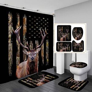 skailiÉ 4pcs deer shower curtain set, camo camouflage black american flag moose elk woodland animal hunting lodge cabin country rustic farmhouse bathroom decor fabric shower curtain, non-slip bath mat