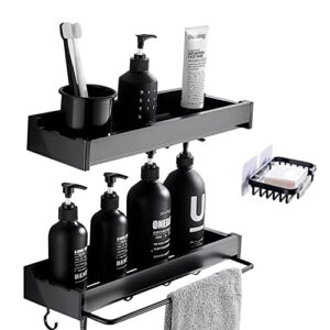 yeirve shower organizer, shower shelf with hooks and soap holder, shower rod bracket with retractable towel rack, no drilling adhesive wall shelves for bathroom and kitchen (black)