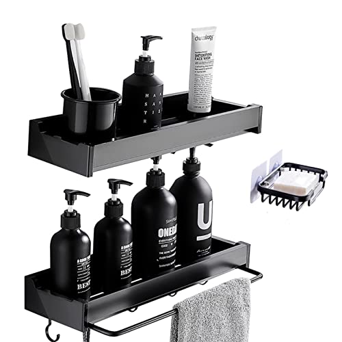 YEIRVE Shower Organizer, Shower Shelf with Hooks and Soap Holder, Shower Rod Bracket with Retractable Towel Rack, No Drilling Adhesive Wall Shelves for Bathroom and Kitchen (Black)