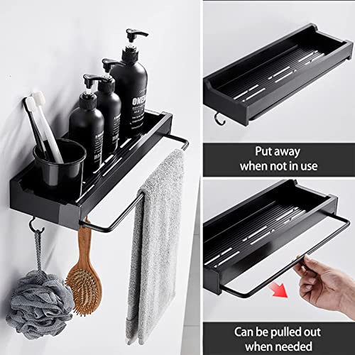 YEIRVE Shower Organizer, Shower Shelf with Hooks and Soap Holder, Shower Rod Bracket with Retractable Towel Rack, No Drilling Adhesive Wall Shelves for Bathroom and Kitchen (Black)