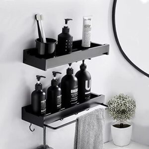 YEIRVE Shower Organizer, Shower Shelf with Hooks and Soap Holder, Shower Rod Bracket with Retractable Towel Rack, No Drilling Adhesive Wall Shelves for Bathroom and Kitchen (Black)