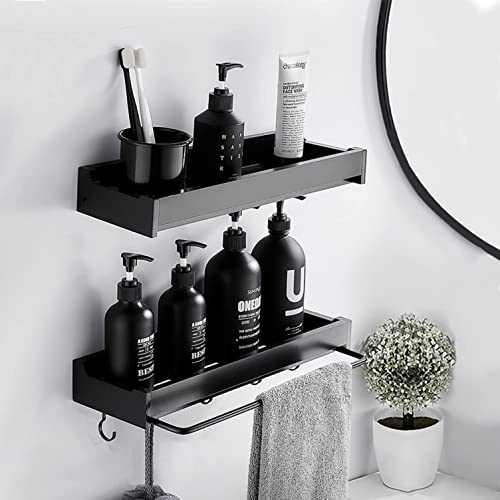 YEIRVE Shower Organizer, Shower Shelf with Hooks and Soap Holder, Shower Rod Bracket with Retractable Towel Rack, No Drilling Adhesive Wall Shelves for Bathroom and Kitchen (Black)