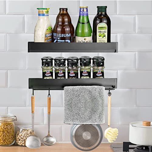 YEIRVE Shower Organizer, Shower Shelf with Hooks and Soap Holder, Shower Rod Bracket with Retractable Towel Rack, No Drilling Adhesive Wall Shelves for Bathroom and Kitchen (Black)