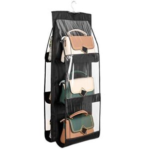 emoly hanging handbag organizer dust proof storage holder bag wardrobe closet for purse clutch with 6 larger pockets for organizing and storing women handbags（black）