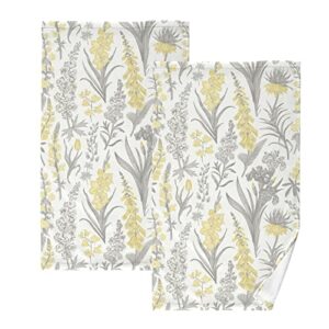 jucciaco vintage yellow and gray flowers towels for bathroom kitchen spa sports, cotton hand towels set of 2, 16x28 inch