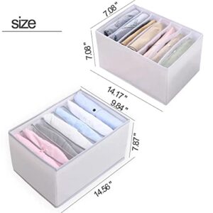 ORWCEZUE Upgraded 2 Pack 7 Gird Wardrobe Clothes Organizer Jeans Compartment Storage Box, Foldable Clothes Separator for Storage T-Shirt Leggings Pants (for Thin Jeans 14.5"x9.8"x7.8", Grey)