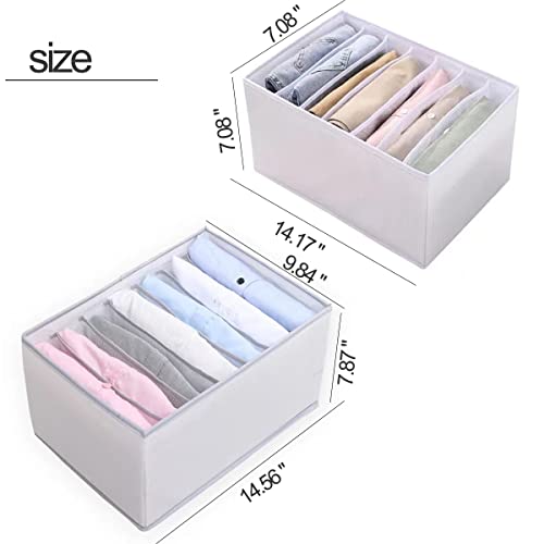 ORWCEZUE Upgraded 2 Pack 7 Gird Wardrobe Clothes Organizer Jeans Compartment Storage Box, Foldable Clothes Separator for Storage T-Shirt Leggings Pants (for Thin Jeans 14.5"x9.8"x7.8", Grey)