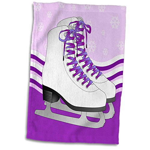 3D Rose Pair of Purple Ice Skates On Snowflake Background Hand/Sports Towel, 15 x 22