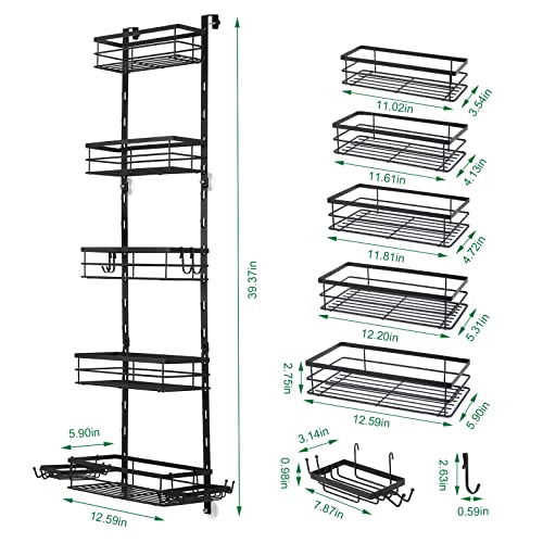 Over the Door Shower Caddy, 5-Tier Adjustable Hanging Shower Organizer Rustproof Metal Bathroom Storage Shelf Shower Basket with Soap Holder & Suction Cup for Shampoo, Conditioner