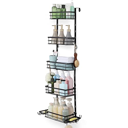 Over the Door Shower Caddy, 5-Tier Adjustable Hanging Shower Organizer Rustproof Metal Bathroom Storage Shelf Shower Basket with Soap Holder & Suction Cup for Shampoo, Conditioner